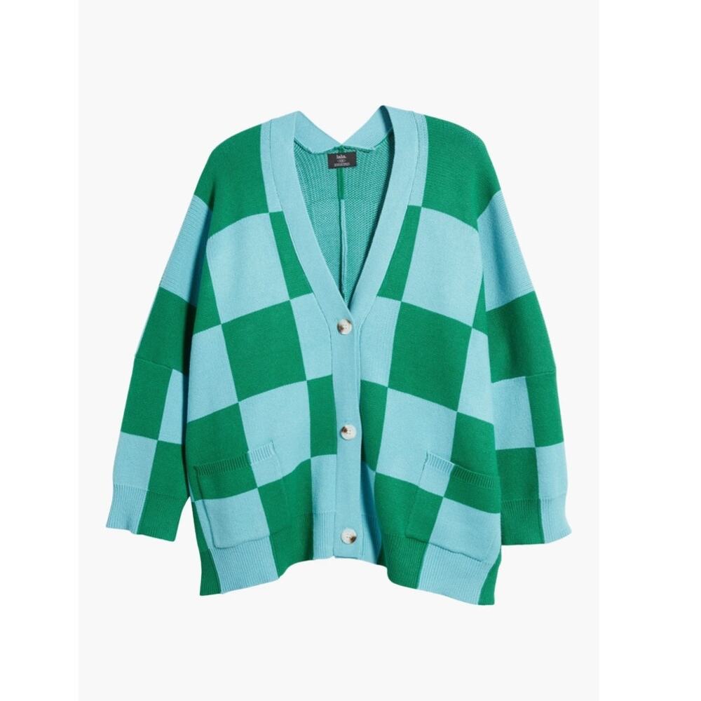 Dressed in Lala Love You Oversize Checkerboard Cardigan L/XL Blue Green Sweater